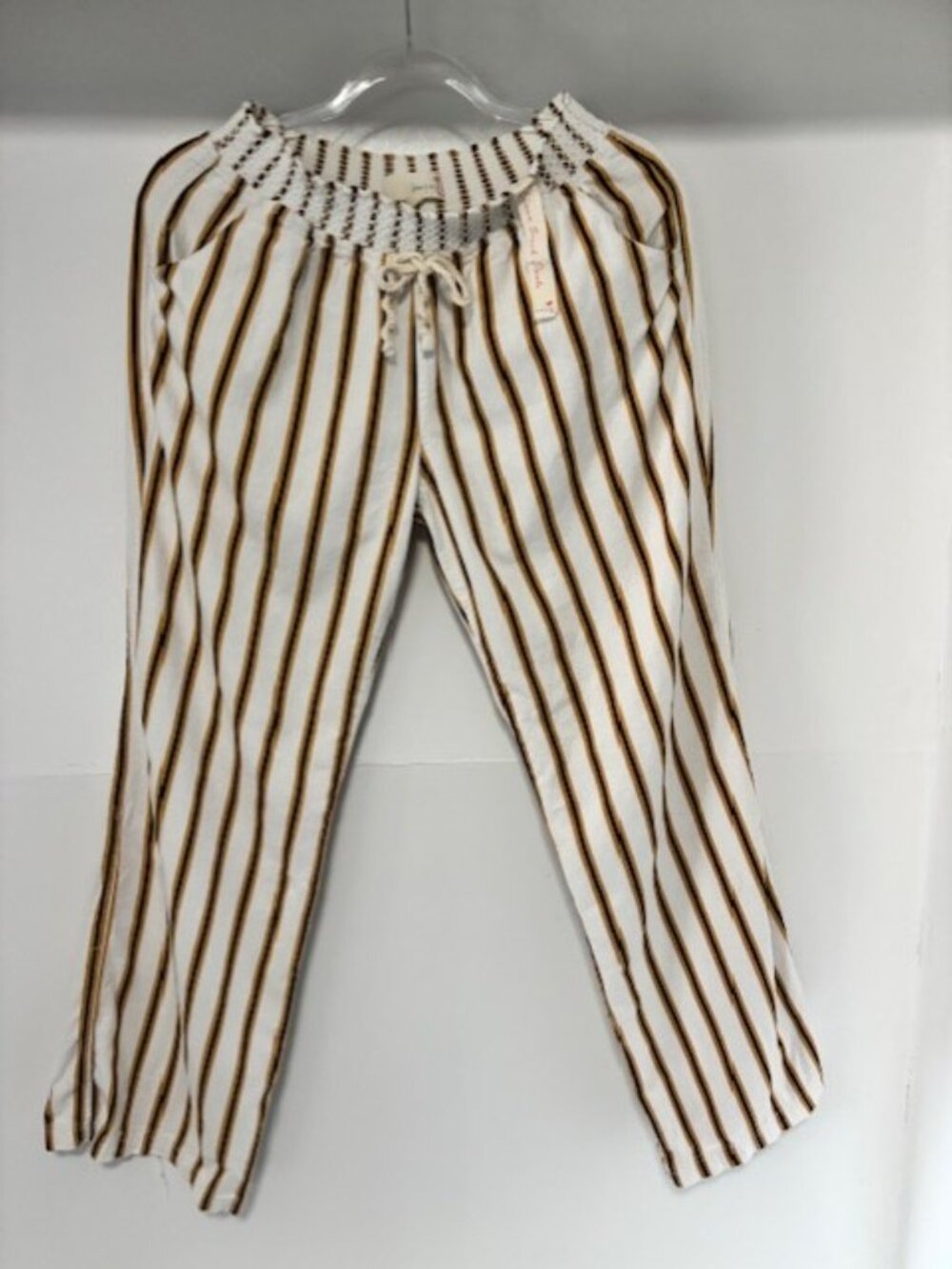 Kiss & Cry XL Linen Beach Pants White Brown Stripe Smocked Waist Drawstring